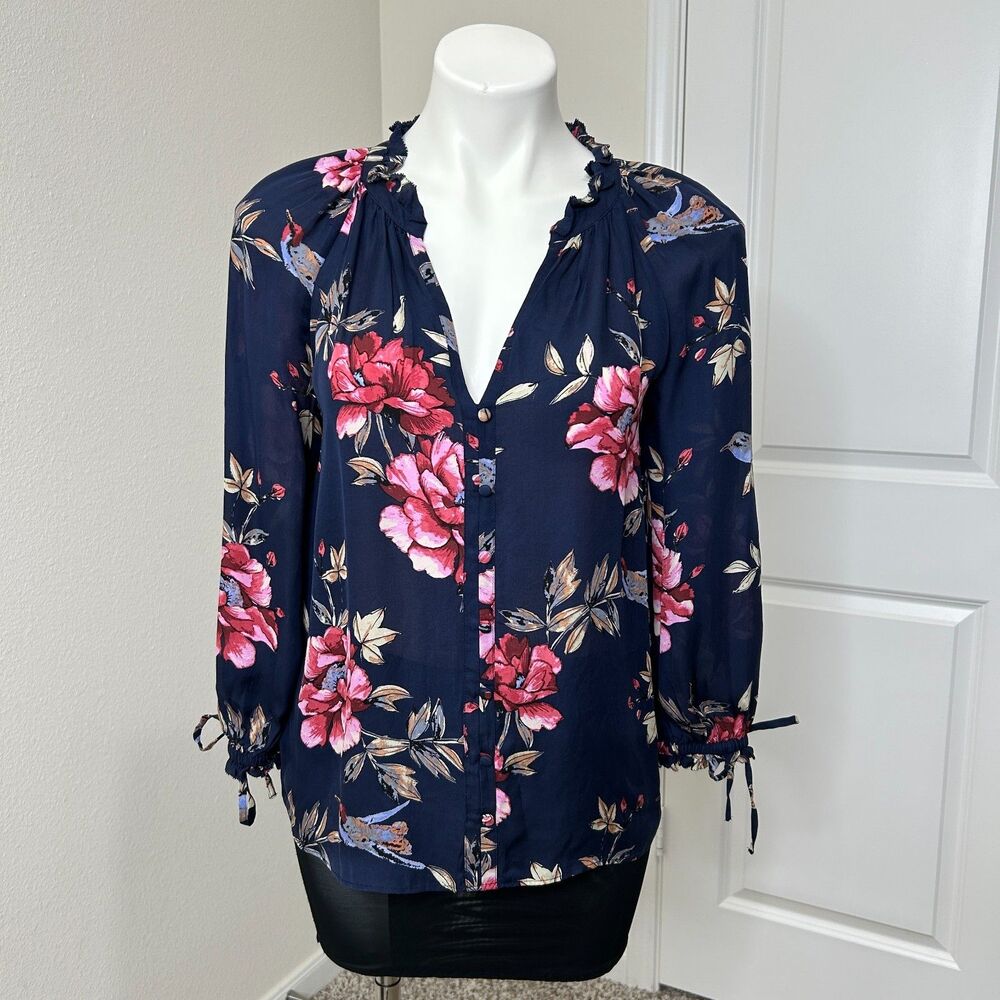 Joie Corsen Silk Blouse Navy Blue Floral Bird Ruffle Tie Long Sleeve Small Boho